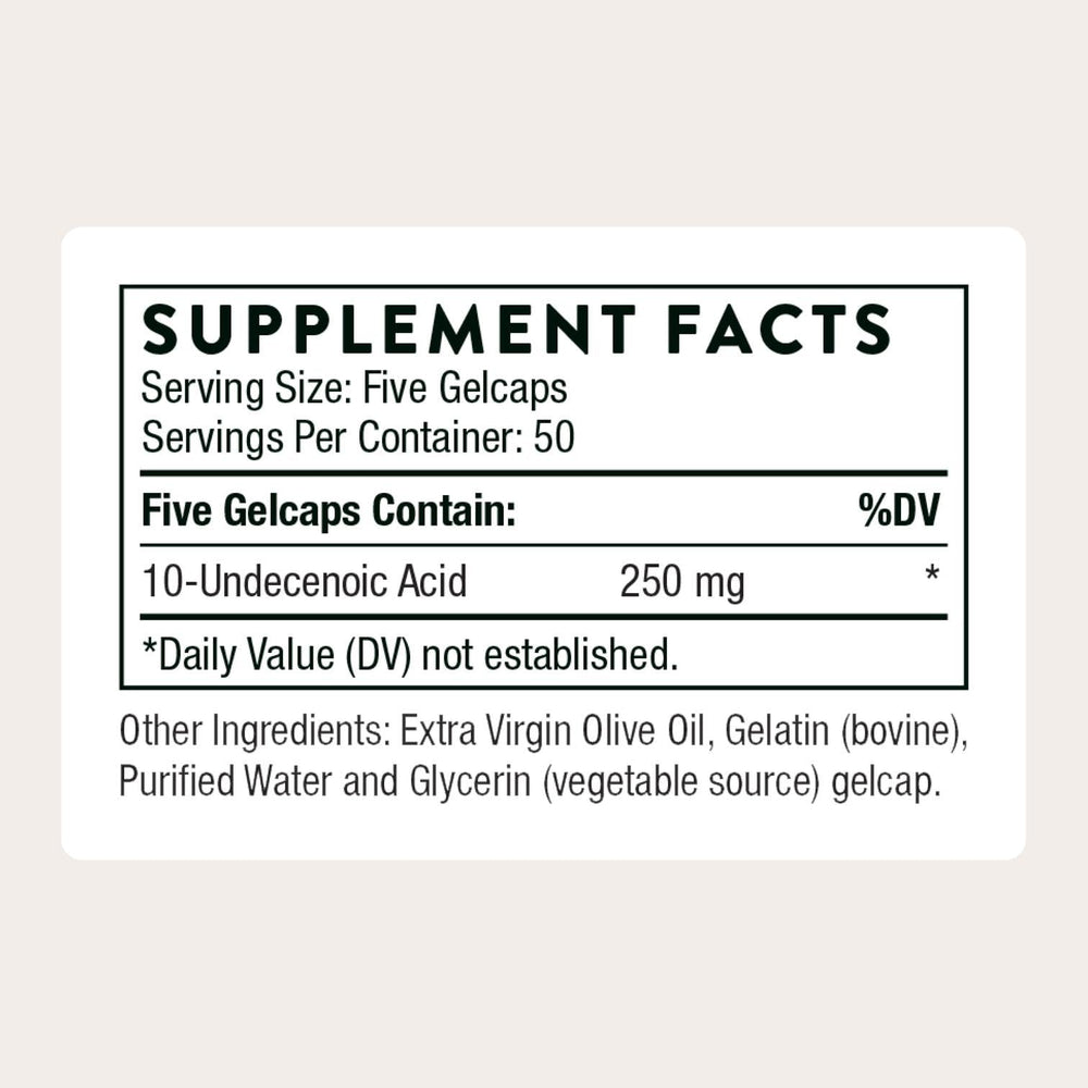 THORNE Undecylenic Acid gelcaps closeup highlighting easy daily use