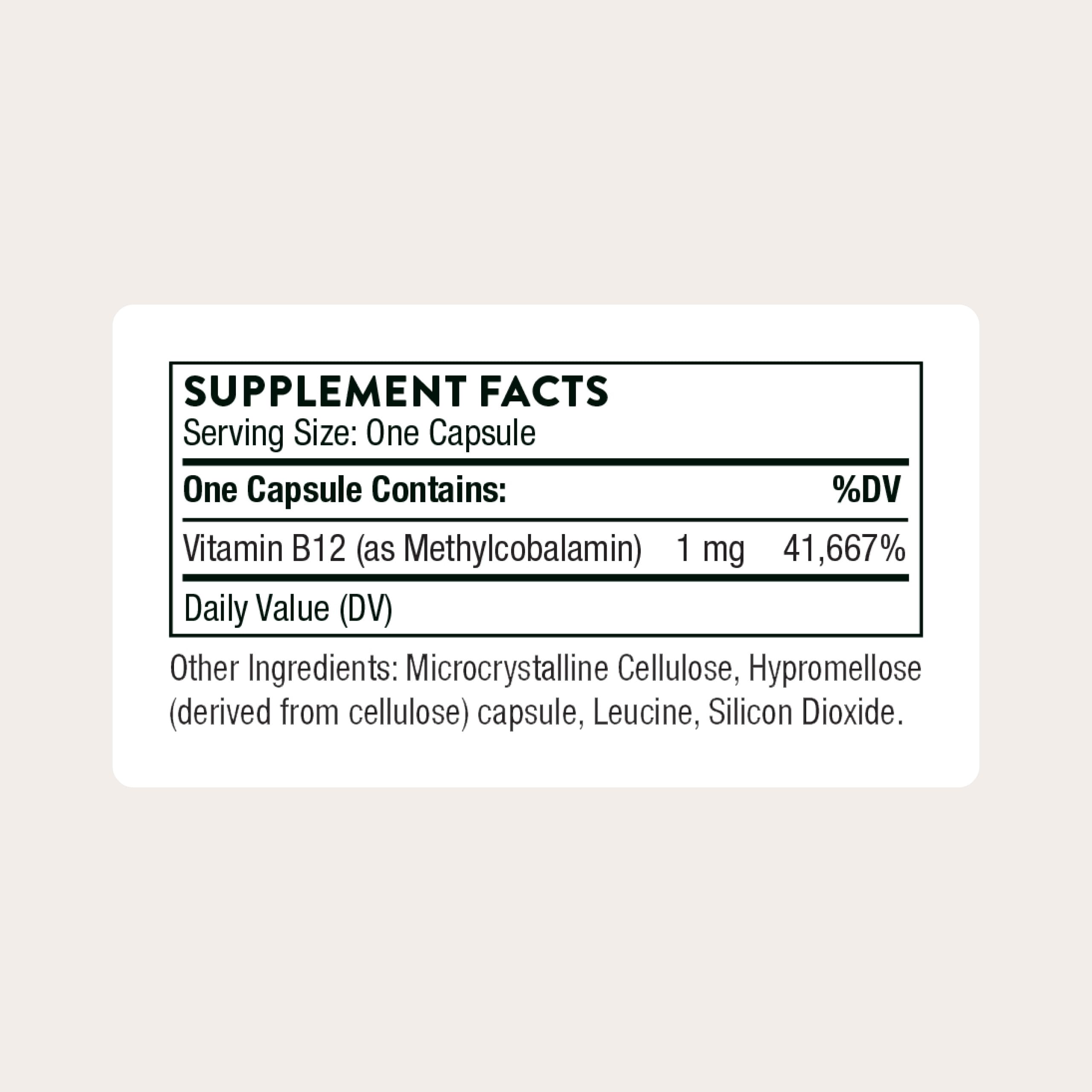 THORNE B12 capsule closeup shows active methylcobalamin form for absorption