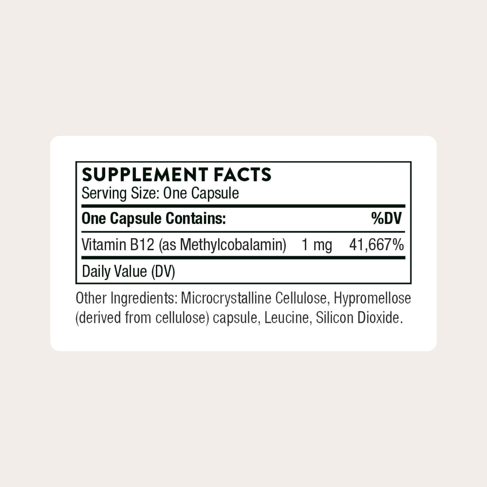 THORNE B12 capsule closeup shows active methylcobalamin form for absorption
