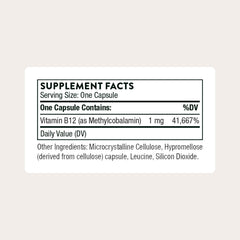 THORNE B12 capsule closeup shows active methylcobalamin form for absorption