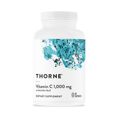 THORNE Vitamin C 1,000 mg bottle front showing label and dosage info for daily immune support.