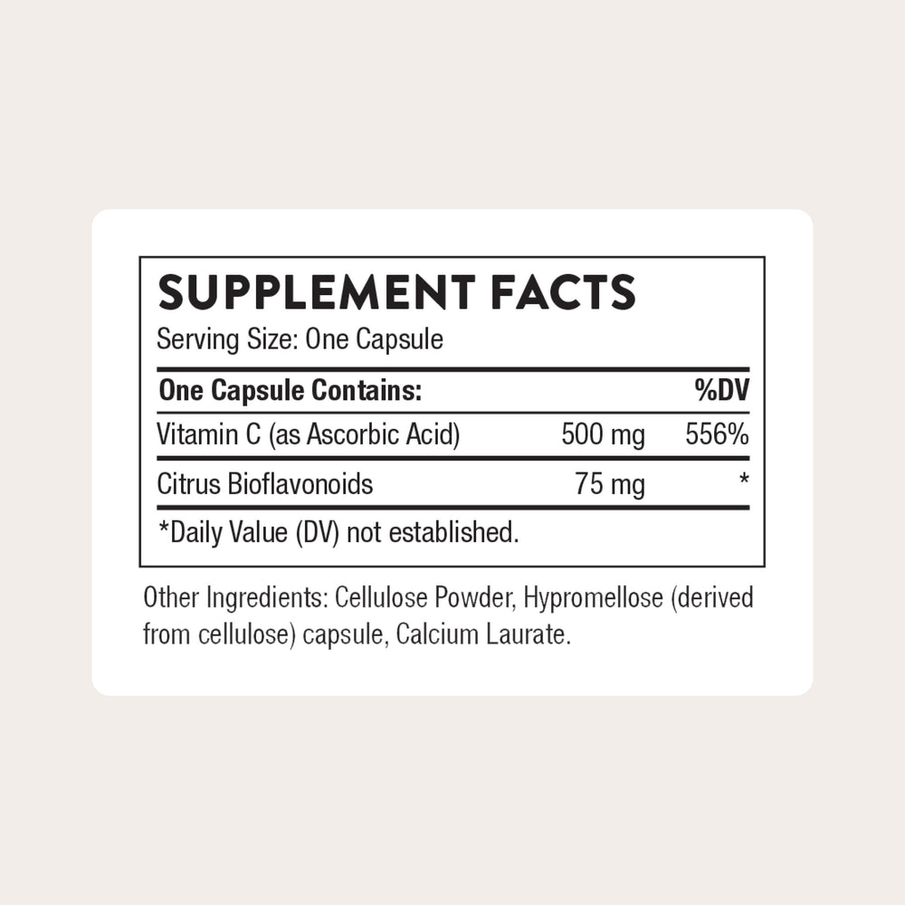 THORNE Vitamin C 500 mg label detail highlights citrus bioflavonoids.