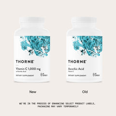 THORNE Vitamin C label with third-party certifications indicating quality and safety assurances.