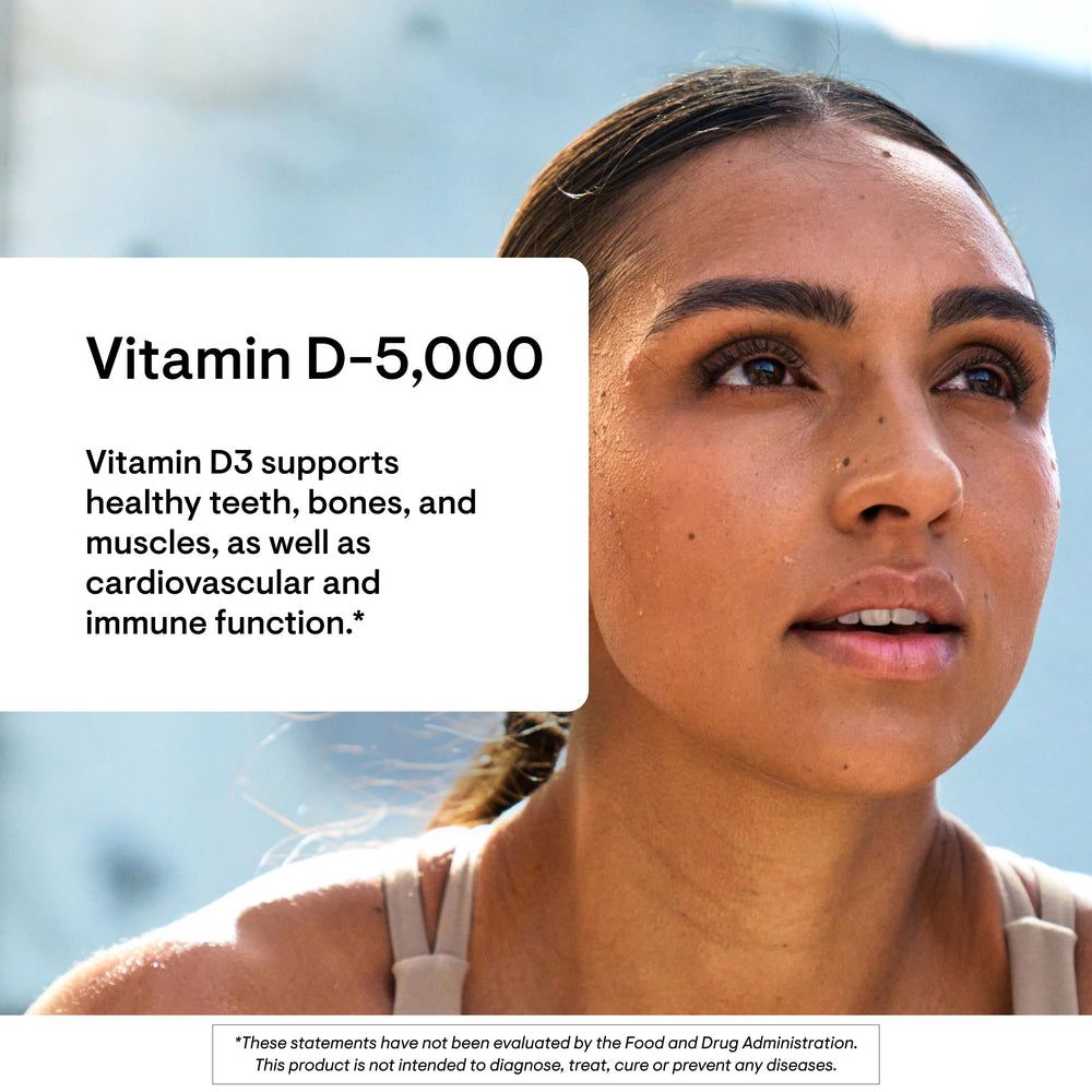 Close-up of dairy-free and soy-free labeling on THORNE Vitamin D-5000.