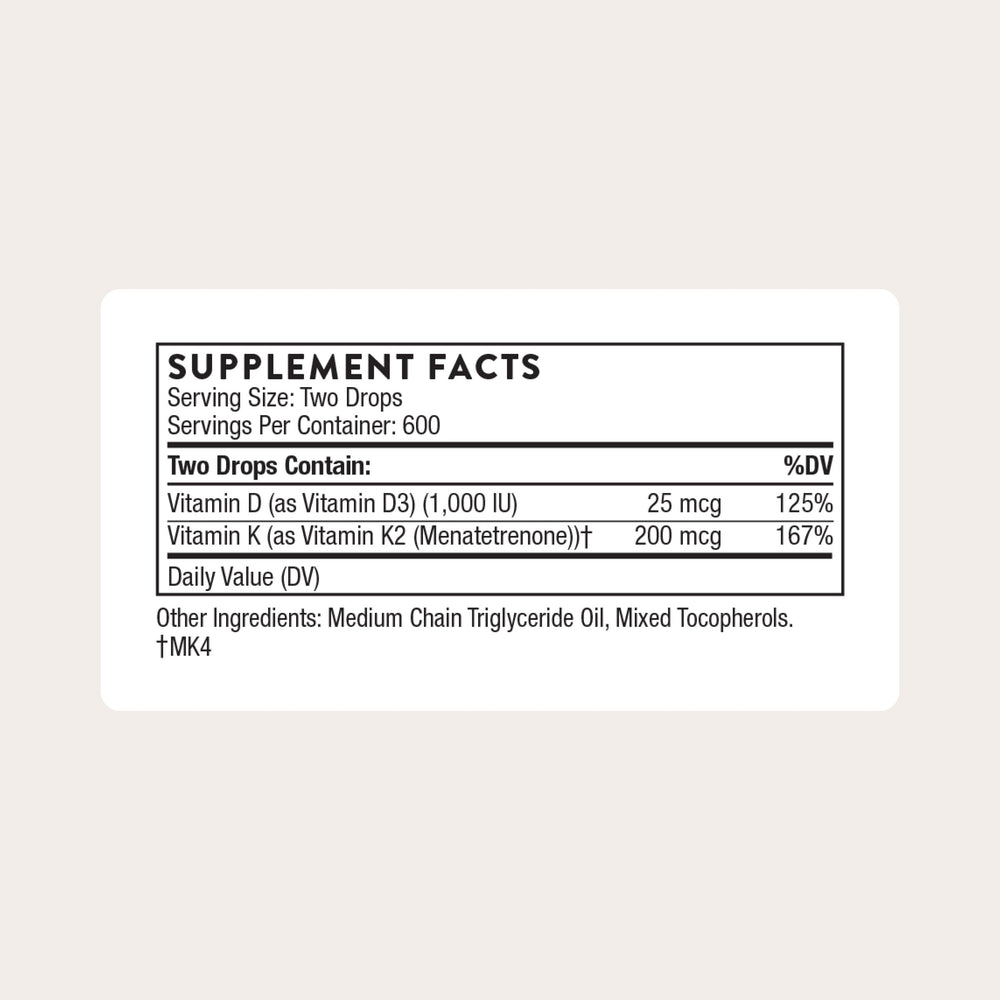 Thorne vitamin D and K2 liquid dispensing top showing controlled drop-by-drop application