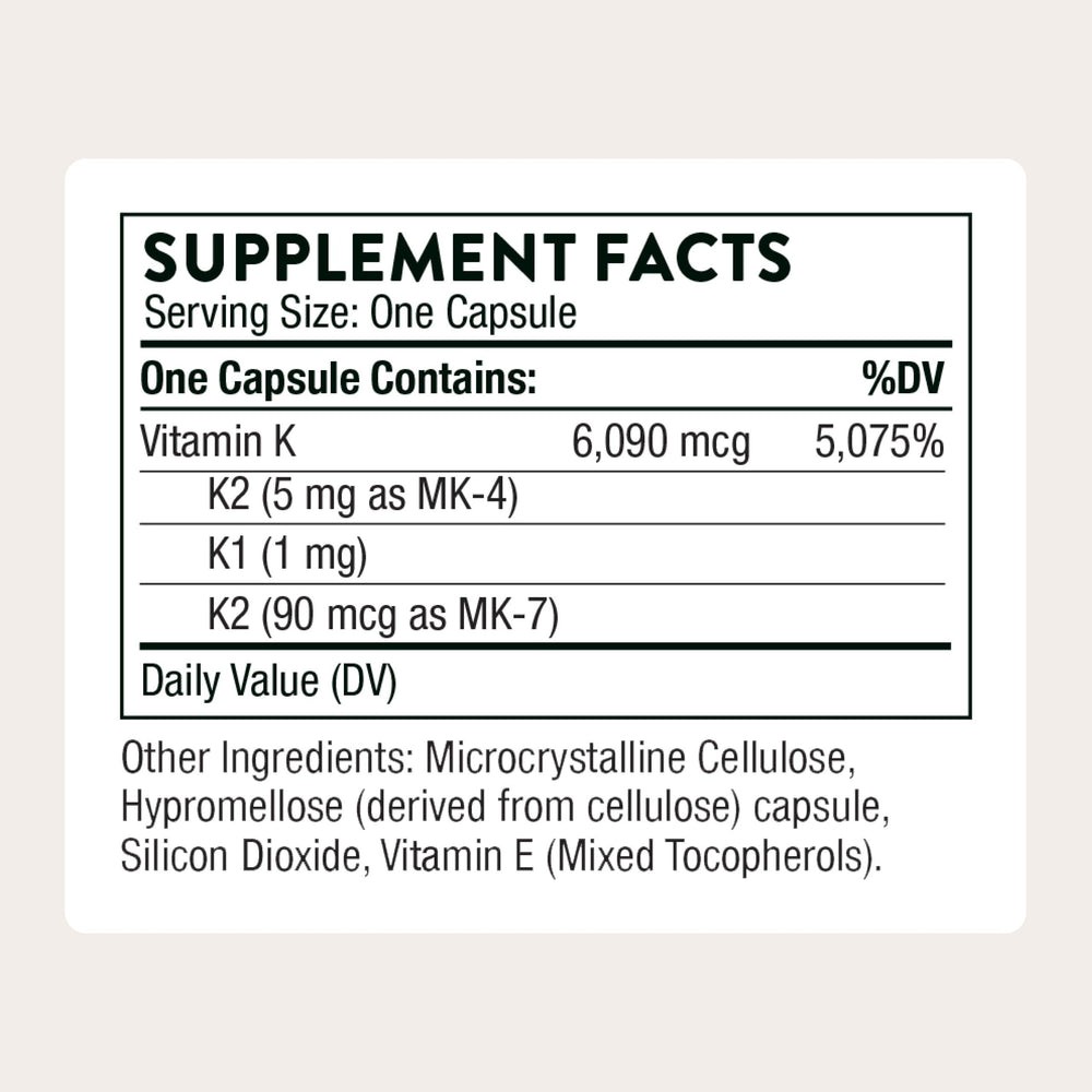 THORNE Vitamin K bottle label closeup highlighting quality ingredients