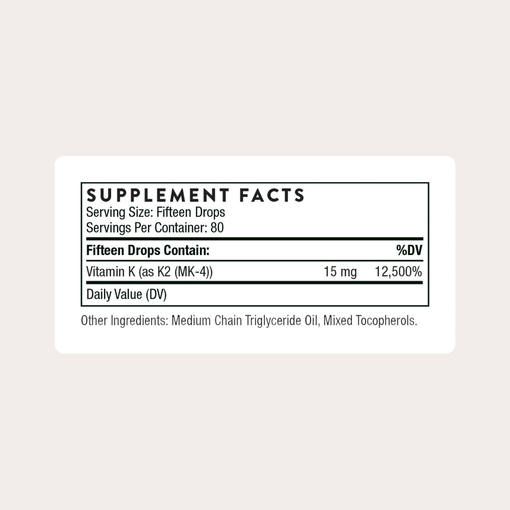 THORNE Vitamin K2 Liquid dropper dispensing precise 1 mg serving for heart health