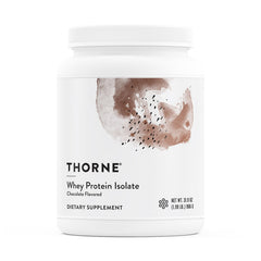 THORNE Whey Protein Isolate chocolate jar front showing flavor and packaging