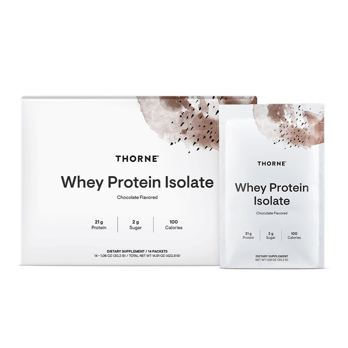 THORNE Whey Protein Isolate chocolate tub front for daily protein intake.