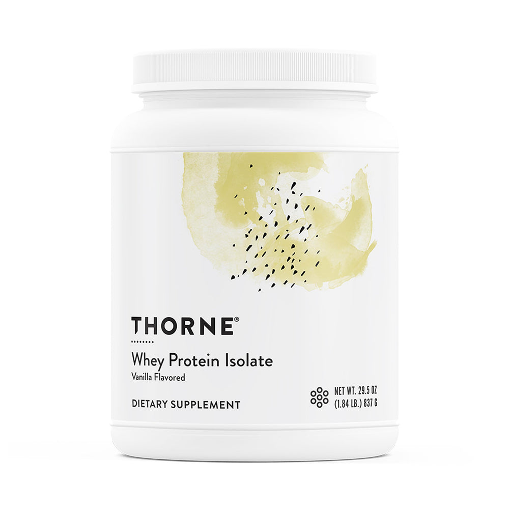 THORNE Whey Protein Isolate vanilla bottle shows 21 g protein per serving