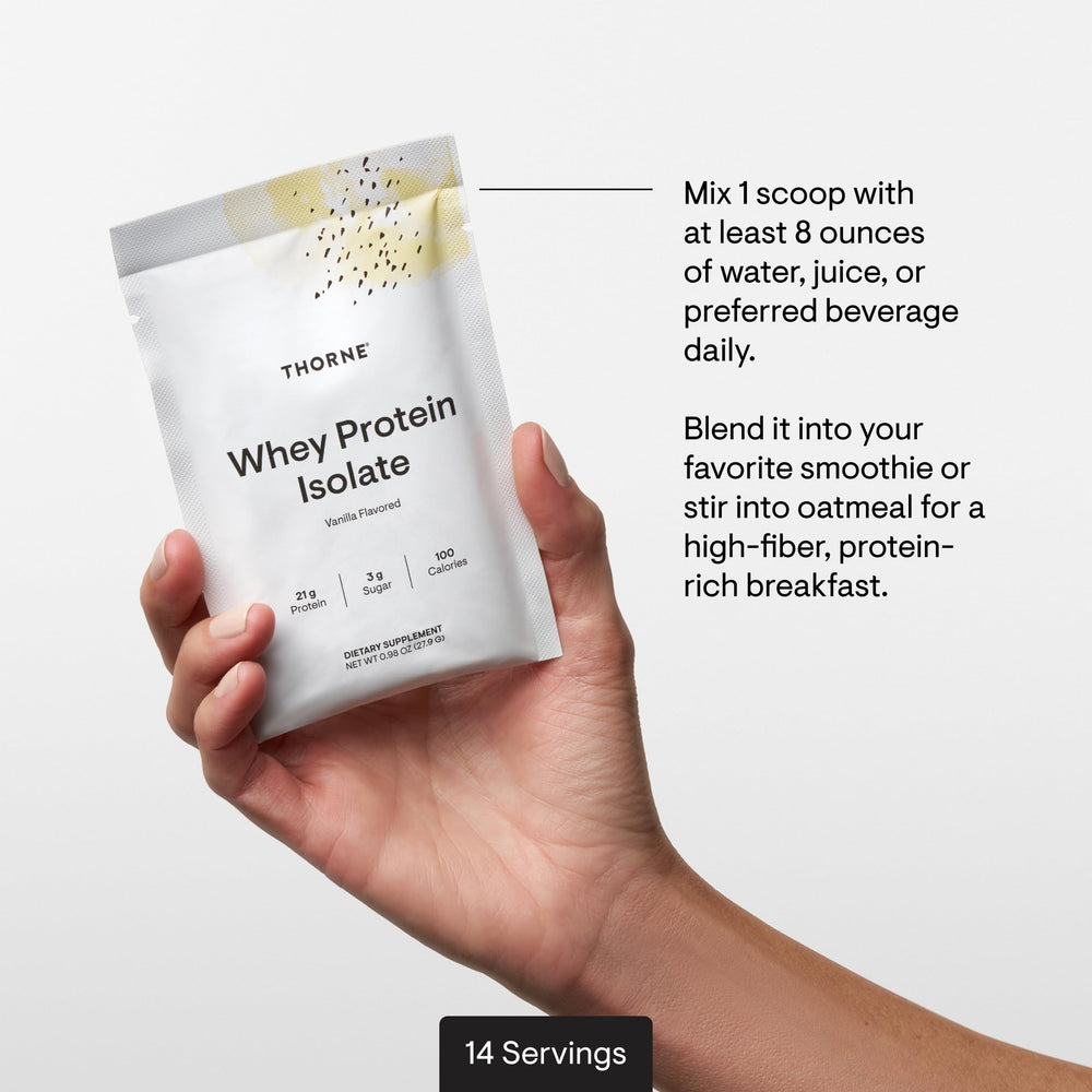 THORNE Whey Protein Isolate vanilla mixing glass conveys shake-ready nutrition