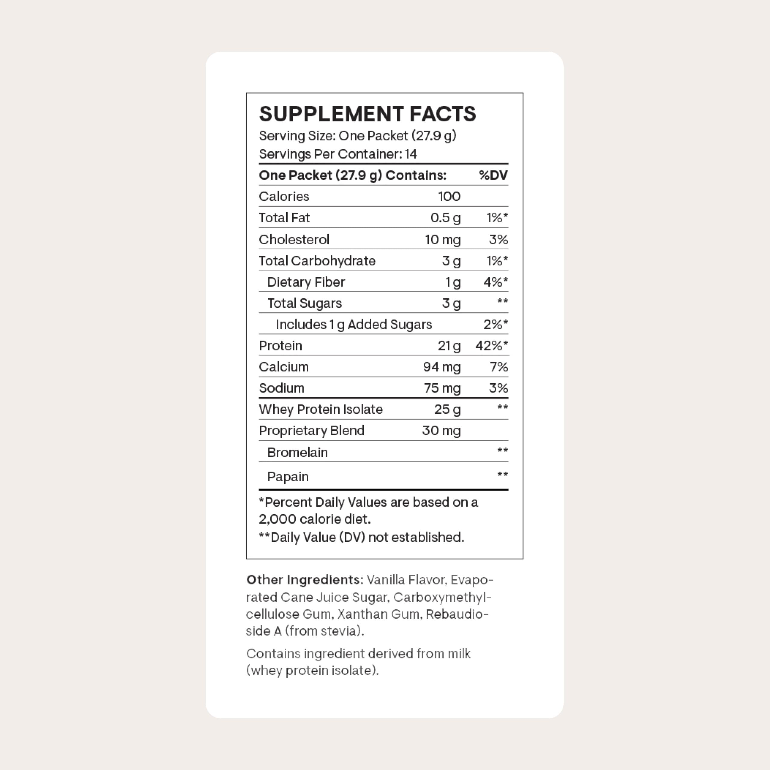 THORNE Whey Protein Isolate vanilla packet back with nutrition details and sourcing