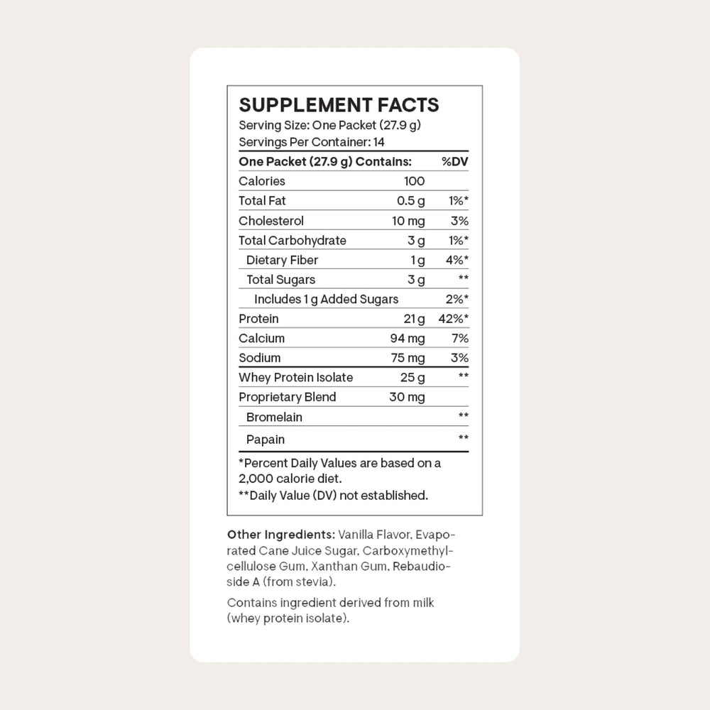 THORNE Whey Protein Isolate vanilla packet back with nutrition details and sourcing