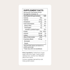 THORNE Whey Protein Isolate vanilla packet back with nutrition details and sourcing