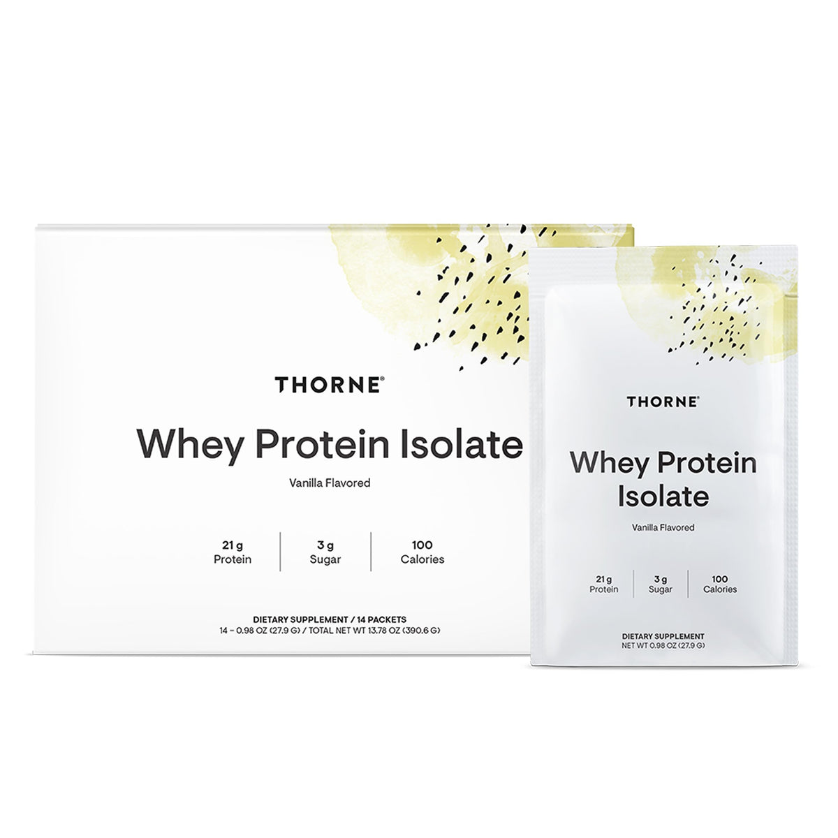 THORNE Whey Protein Isolate vanilla packet front for on-the-go protein support