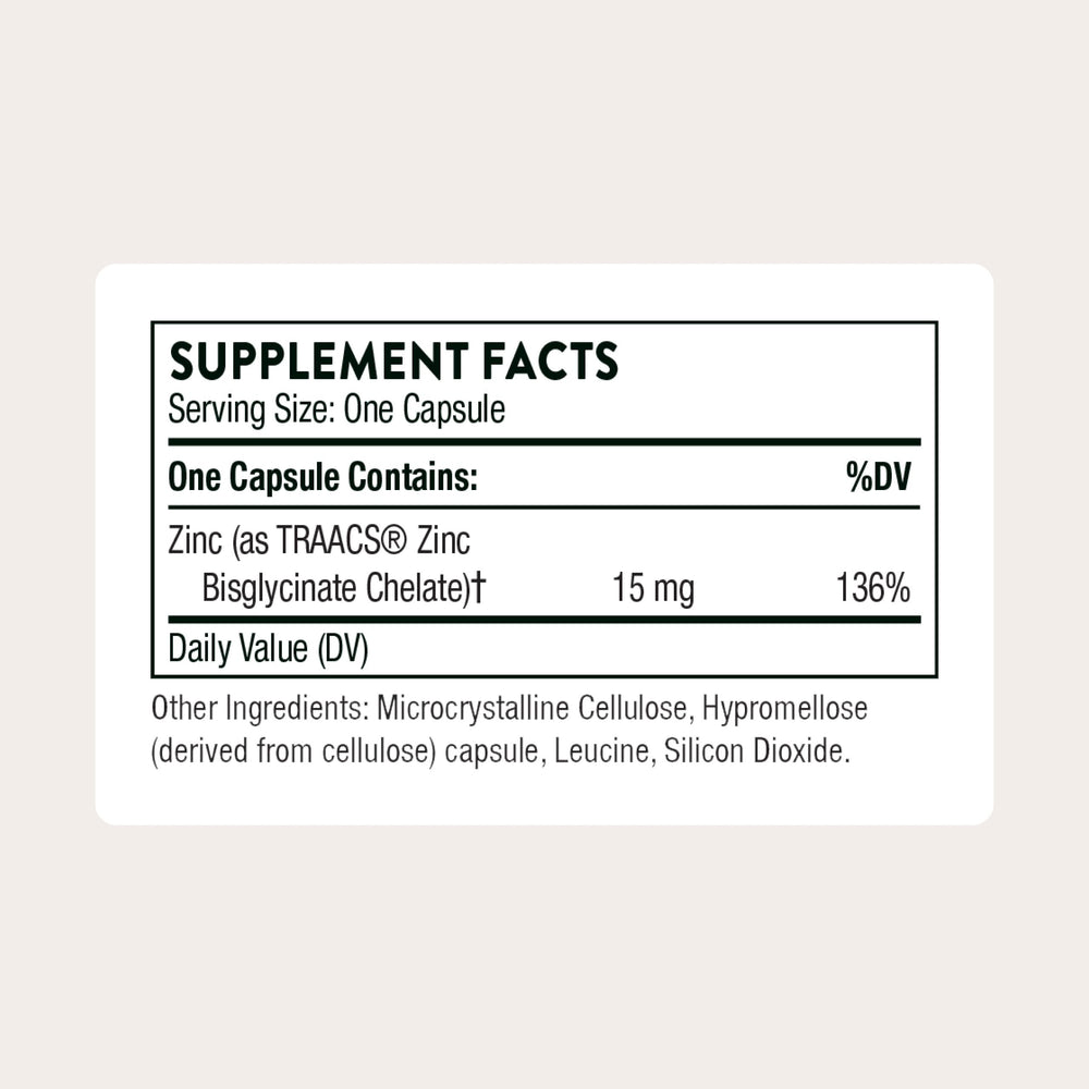 THORNE Zinc Bisglycinate 15 mg bottle standing upright for easy daily supplementation