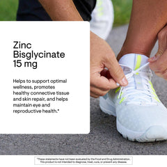 Label close-up showing zinc bisglycinate 15 mg benefits