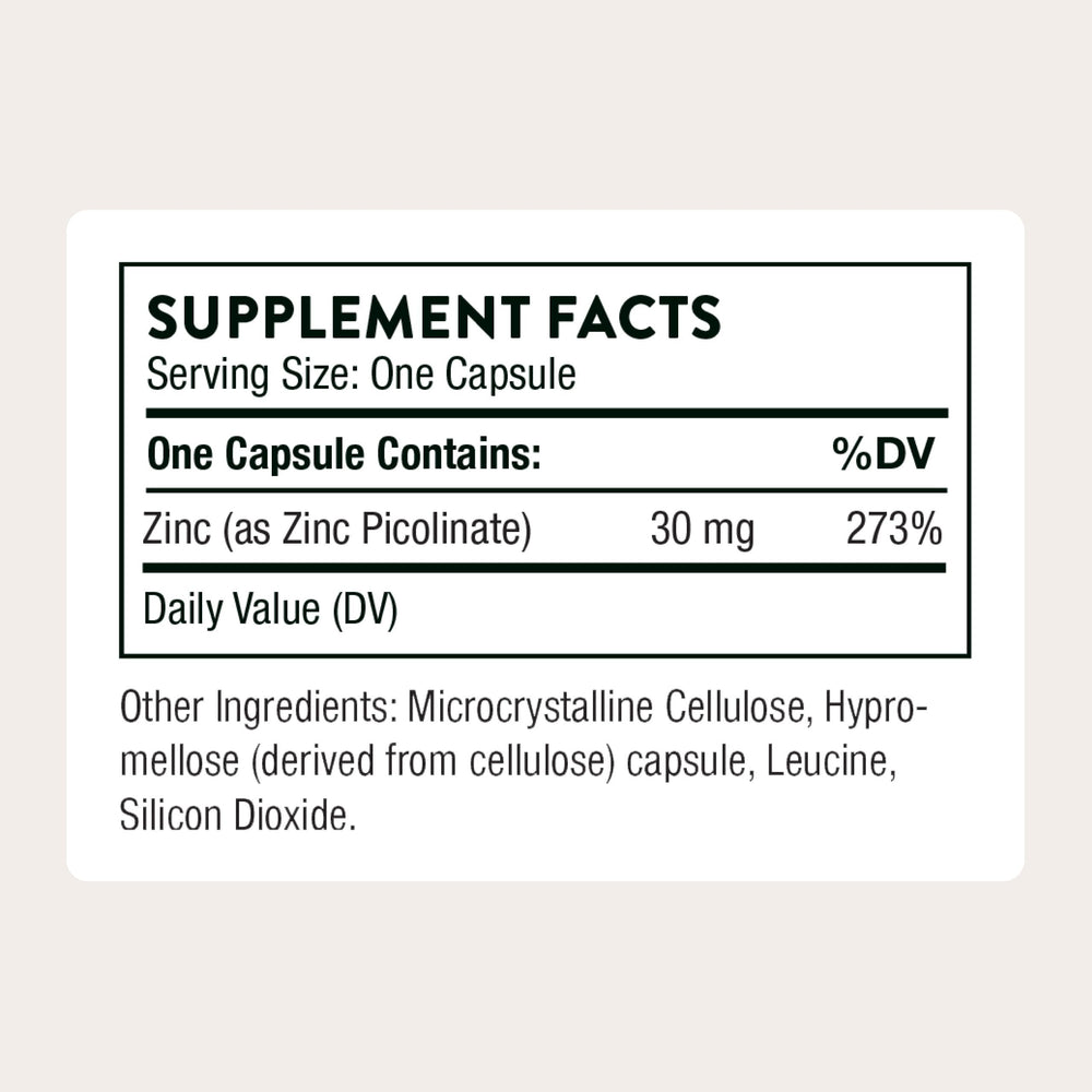Thorne Zinc Picolinate 30 mg bottle side profile for easy daily use