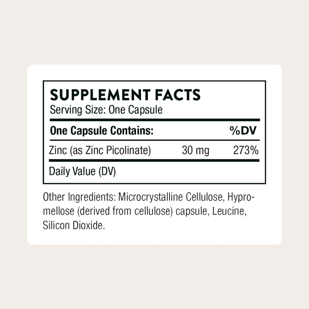 Thorne Zinc Picolinate 30mg capsules neatly arranged for easy daily dosing