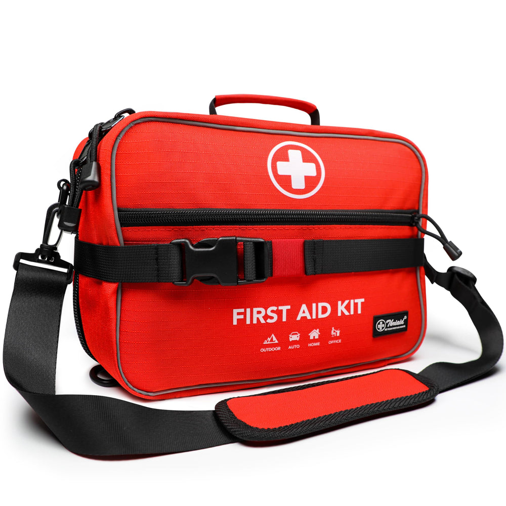 THRIAID 430-piece first aid kit with labeled pockets for quick access.