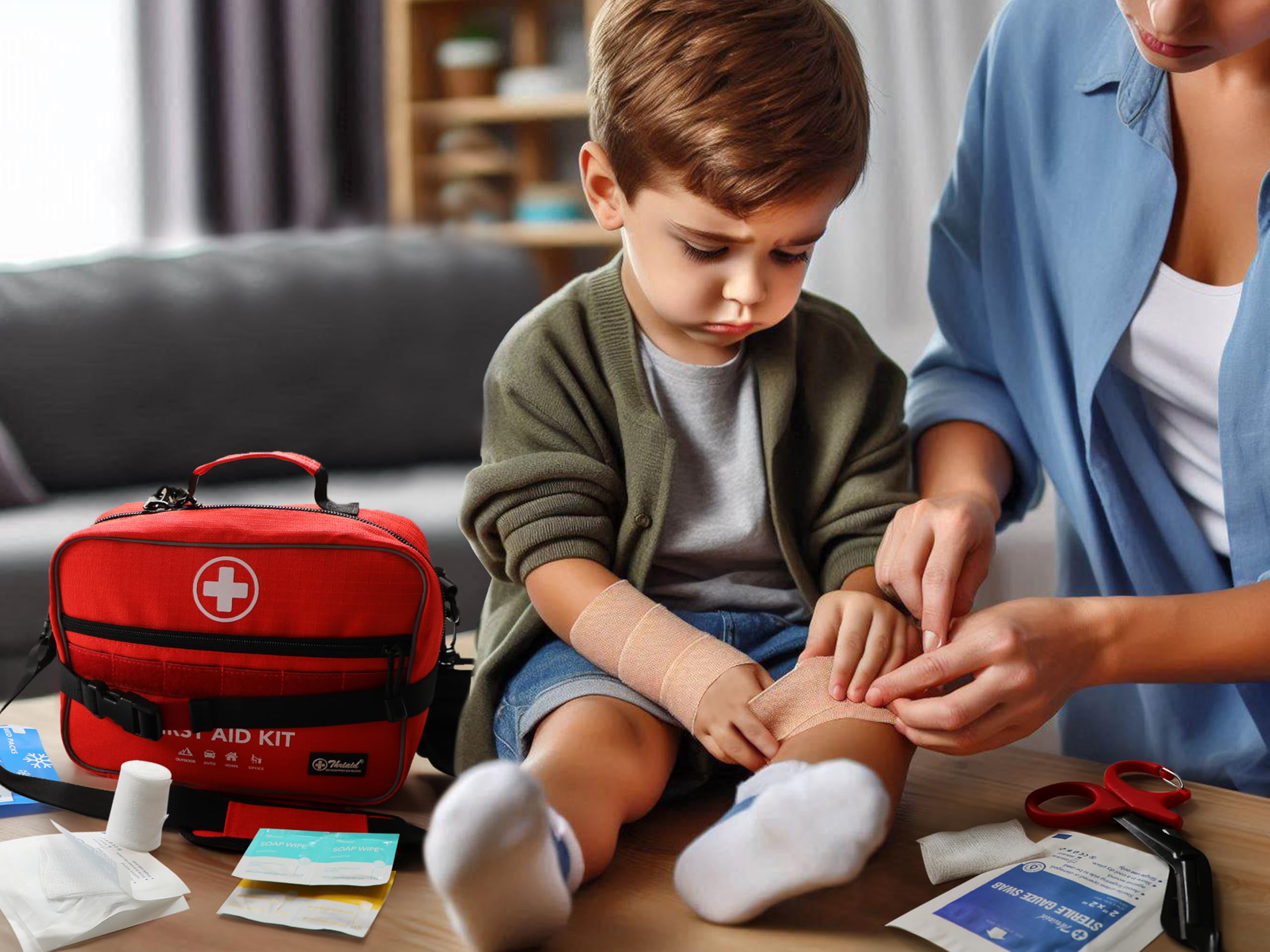 THRIAID first aid kit suitable for home, office, car, and outdoor use.