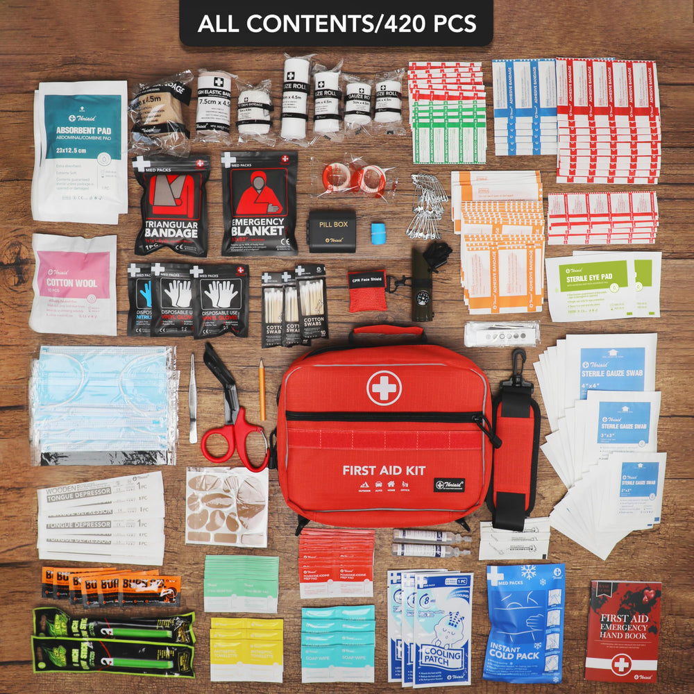 THRIAID first aid kit features reflective strips for visibility.