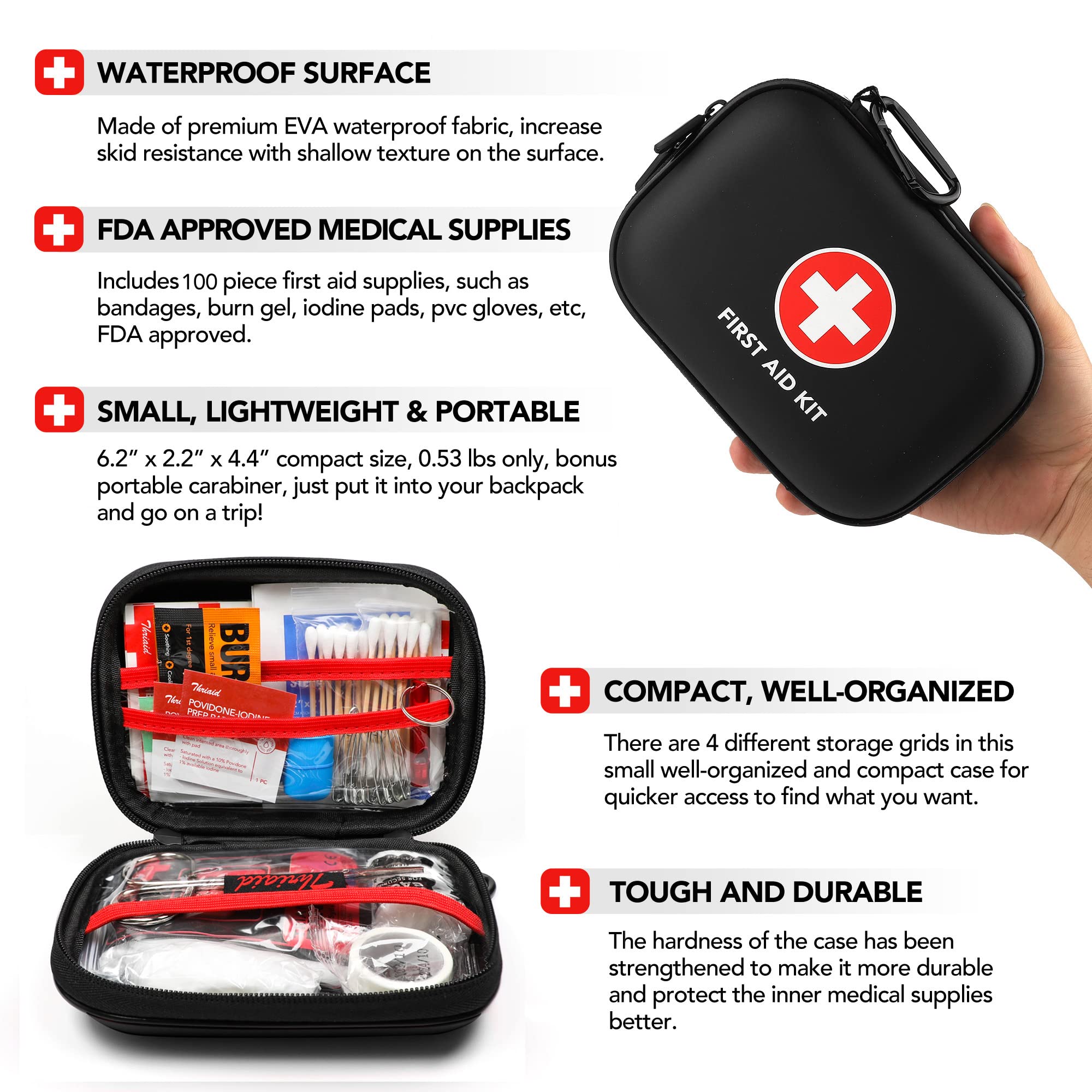 THRIAID Mini First Aid Kit carabiner clip adds convenient outdoor attachment