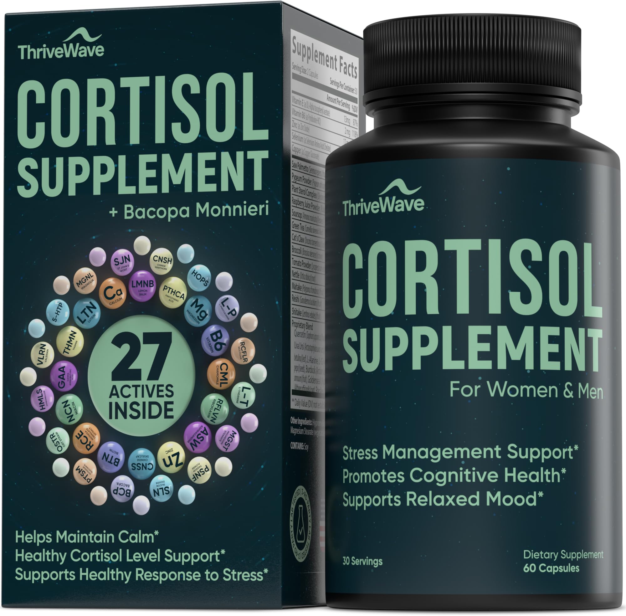 ThriveWave cortisol capsules 60-count offer daily stress support.
