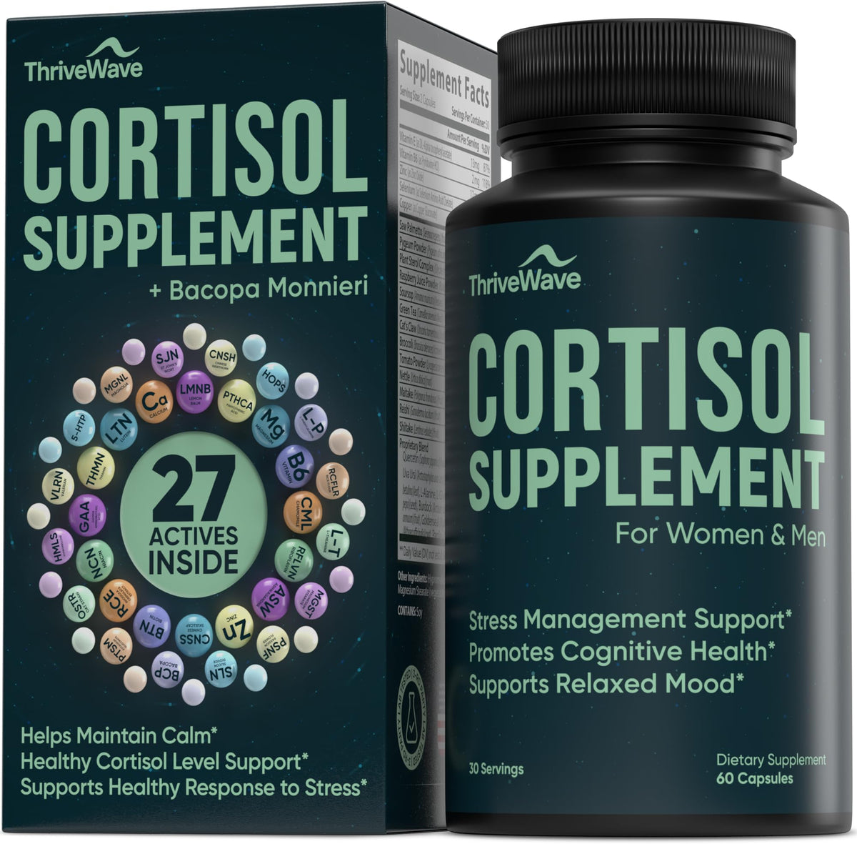 ThriveWave cortisol capsules 60-count offer daily stress support.