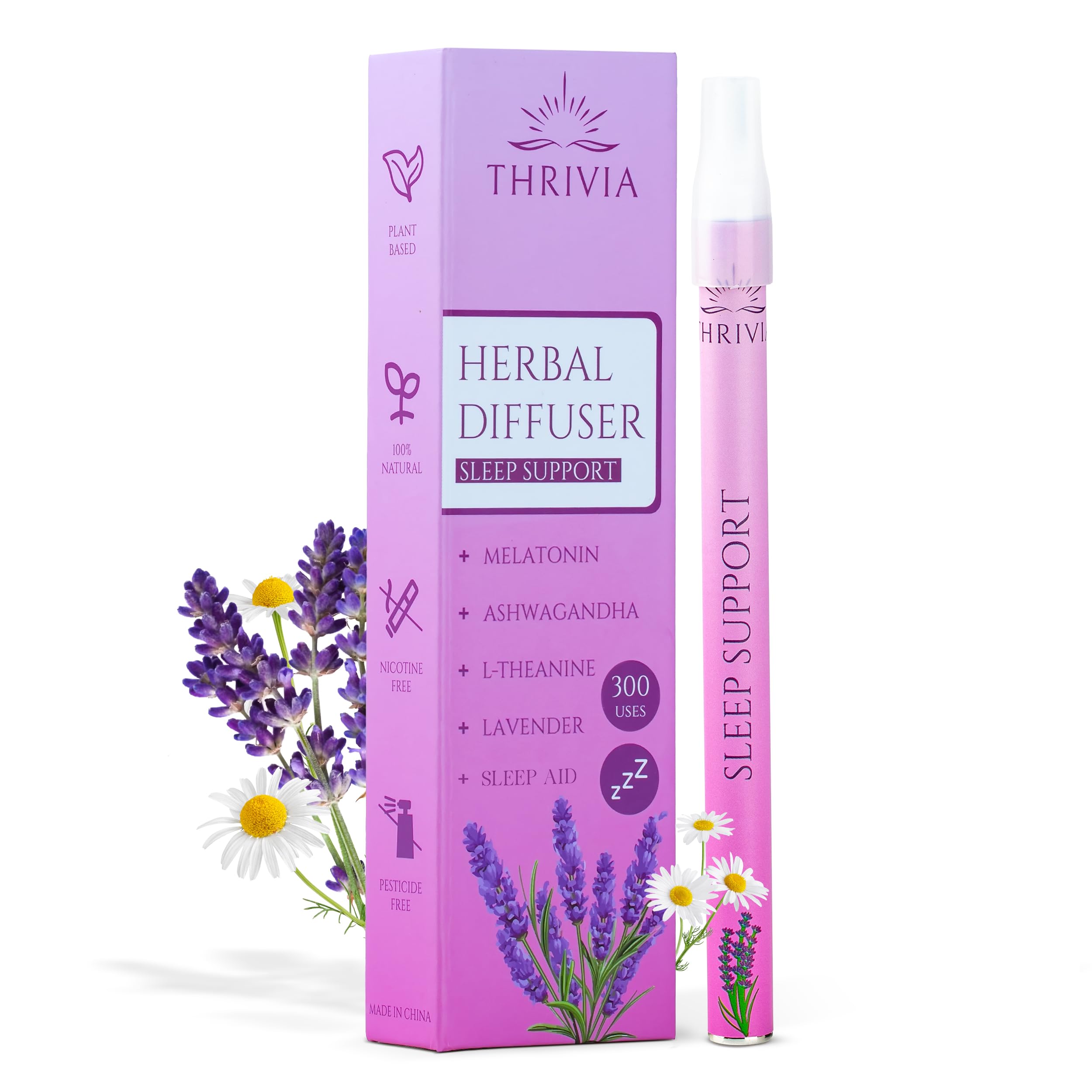 Thrivia Herbal Melatonin Diffuser Pen promotes restful sleep with lavender aroma.