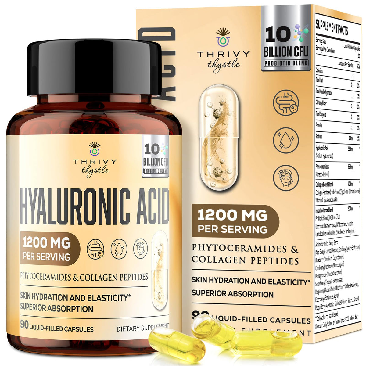 ThrivyThystle 19-in-1 hyaluronic acid capsules bottle showcasing skin hydration