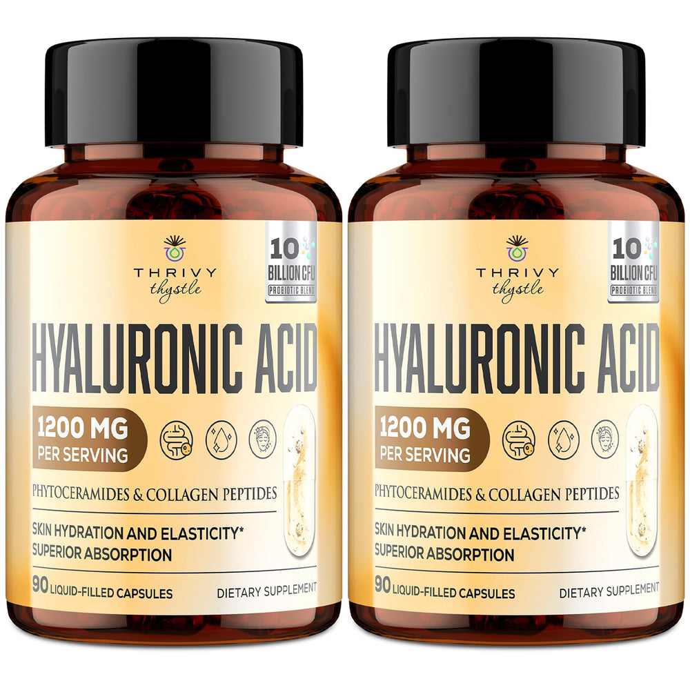 ThrivyThystle Hyaluronic Acid capsules bottle for daily skin hydration and wellness