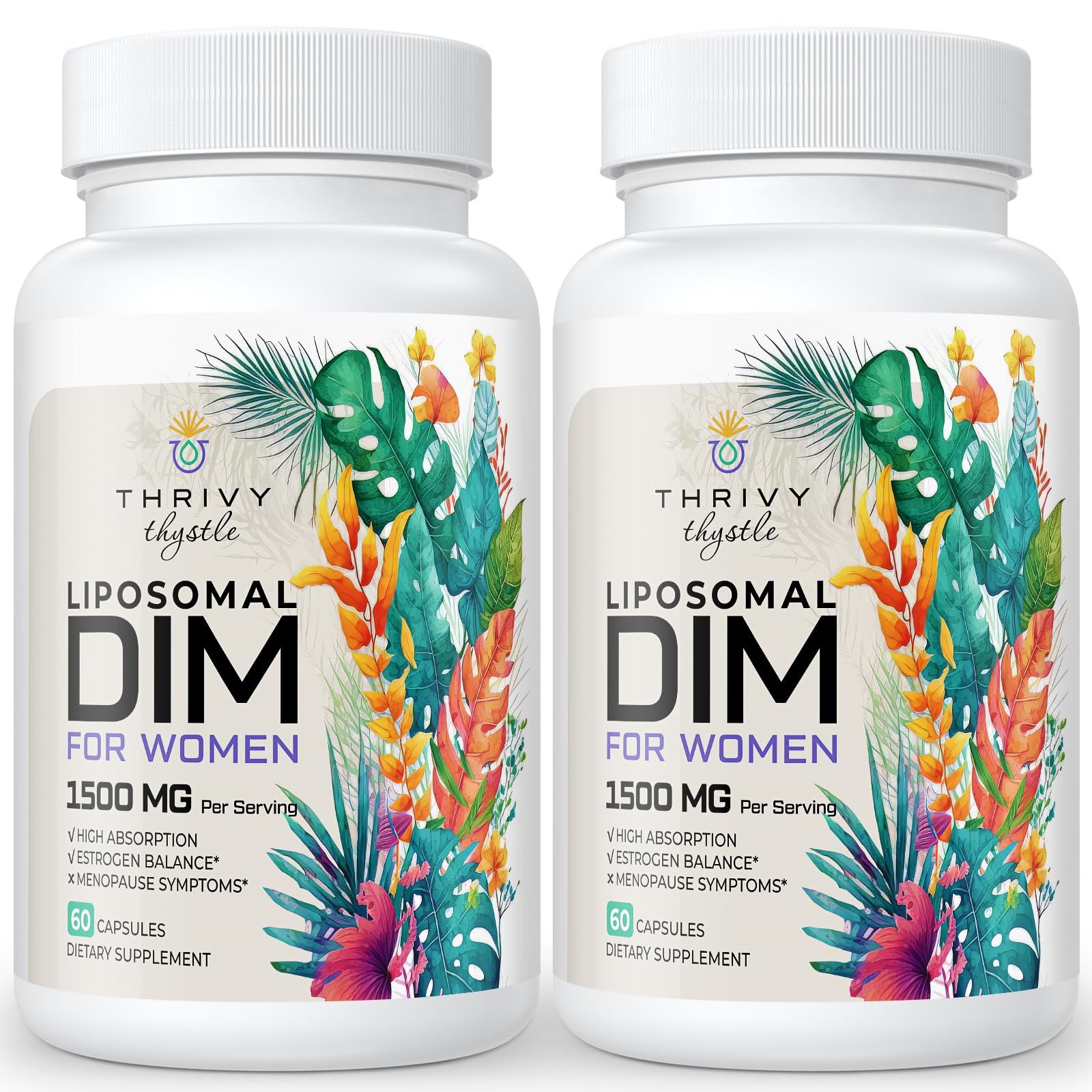 ThrivyThystle Liposomal DIM 400 mg bottle with capsules for hormone balance support.