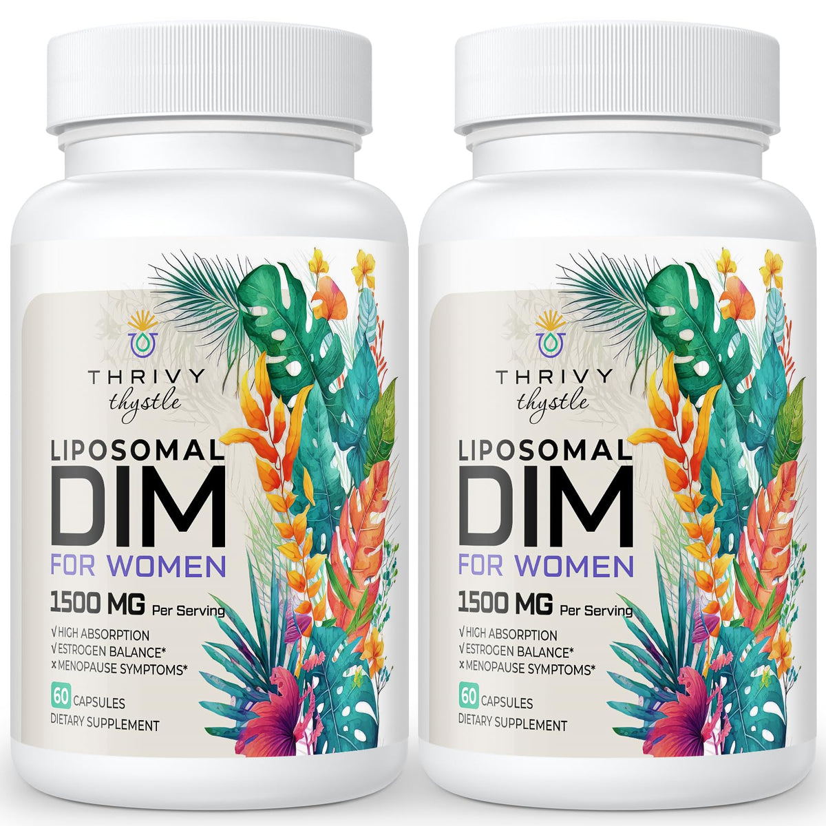 ThrivyThystle Liposomal DIM 400 mg bottle with capsules for hormone balance support.