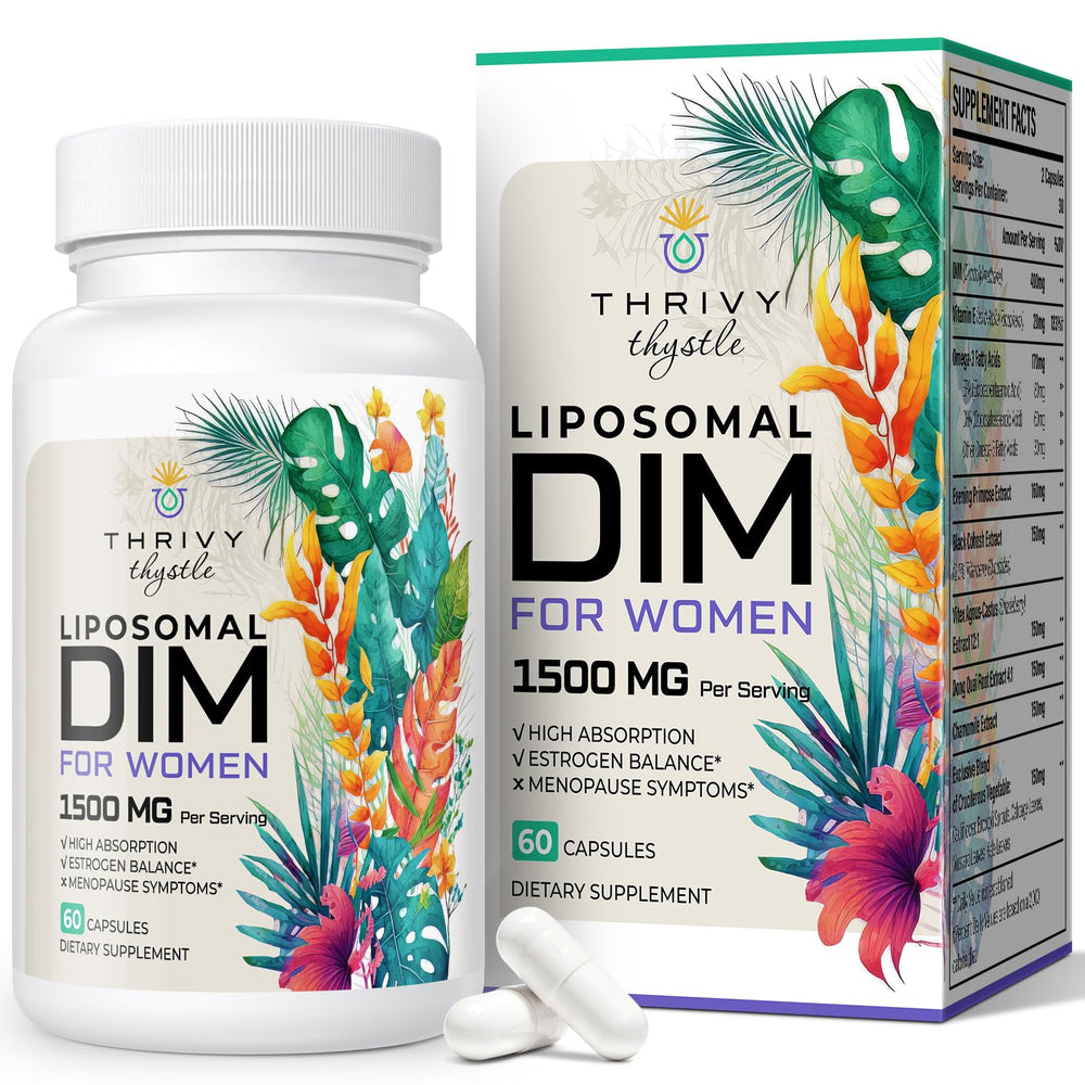 ThrivyThystle Liposomal DIM bottle view showing convenient hormone support.