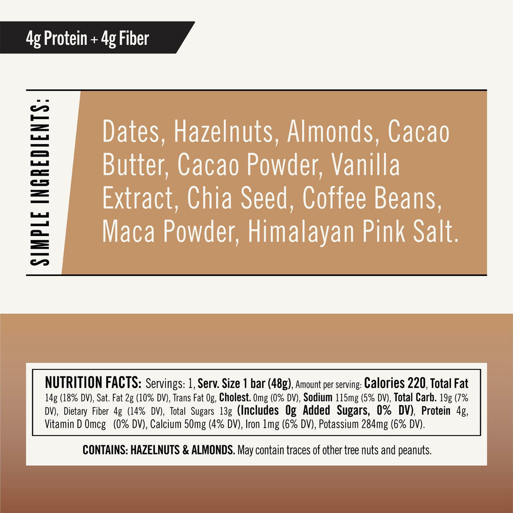 Close-up of Thunderbird Bars Hazelnut Coffee Maca ingredients with real fruits and nuts.
