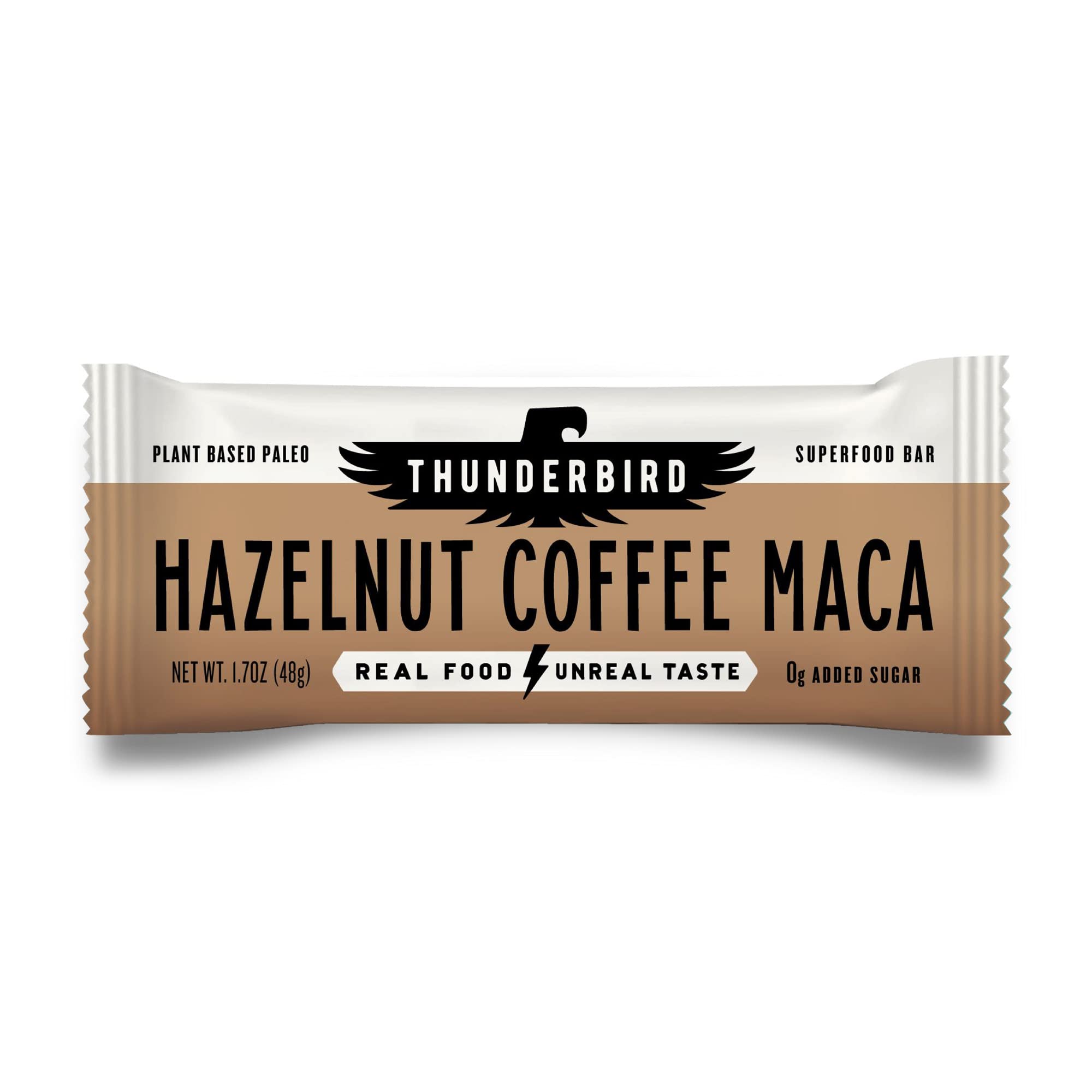 Thunderbird Bars Hazelnut Coffee Maca pack shot showing gluten-free energy on the go.