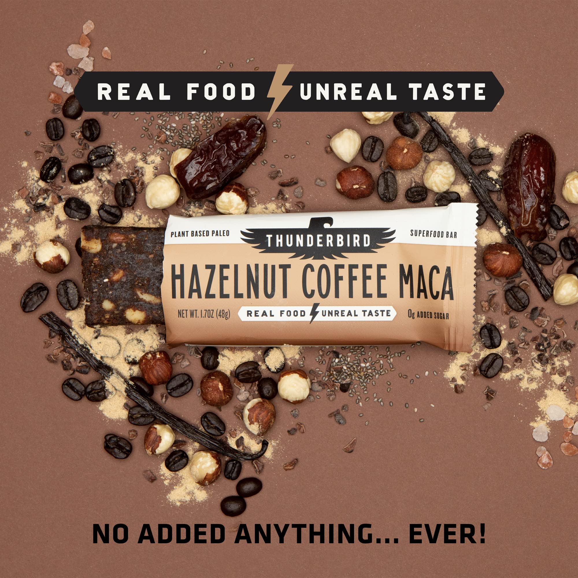 Thunderbird Bars Hazelnut Coffee Maca with tea or coffee pairing for morning energy.