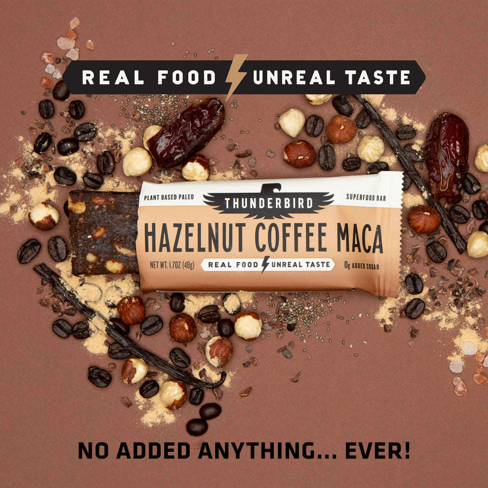 Thunderbird Bars Hazelnut Coffee Maca with tea or coffee pairing for morning energy.