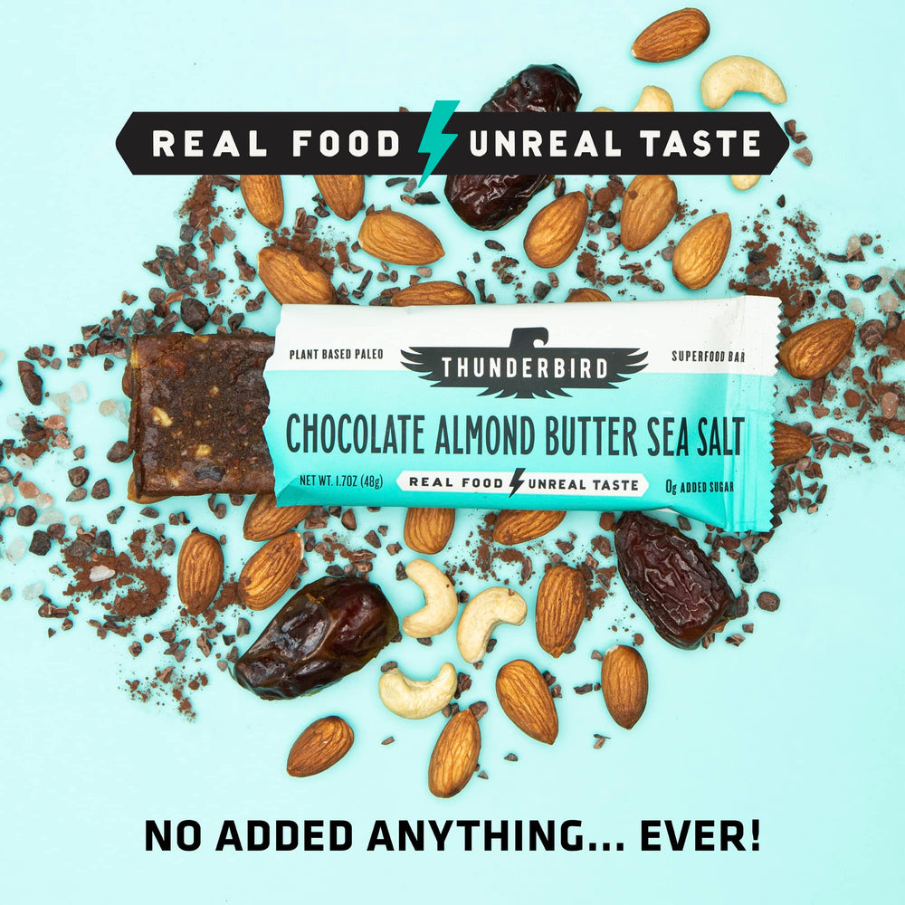 Close-up of Thunderbird Bars ingredients, featuring almonds and chocolate.