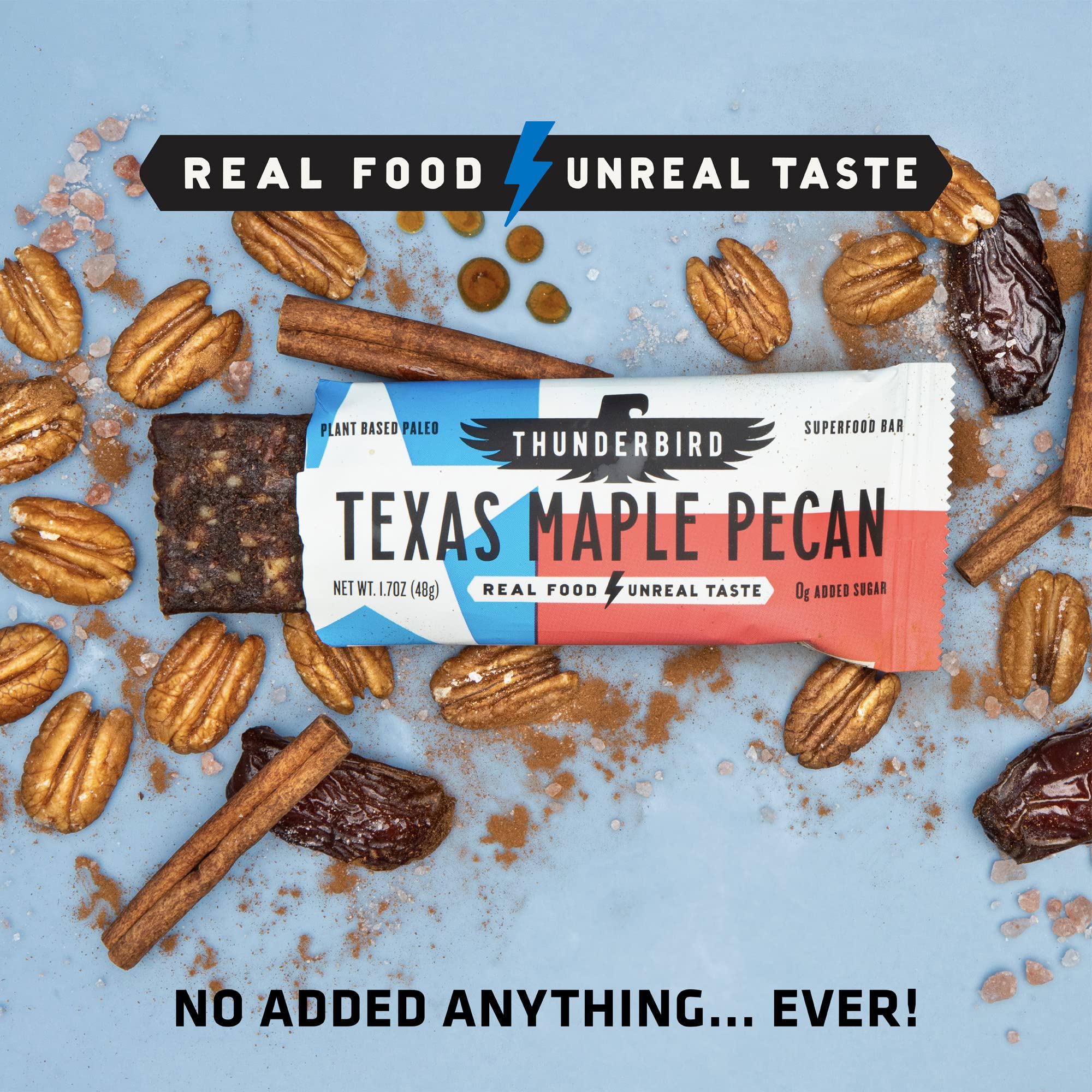 Cross-section of Thunderbird Energetica Texas Maple Pecan Bar displays nutty maple contrast