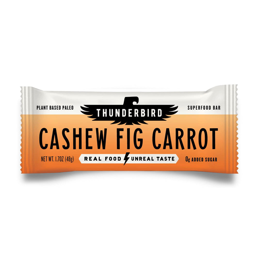 Thunderbird Real Food Bar with cashew, fig, and carrot highlighting a natural energy blend.
