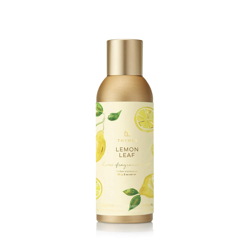 Thymes Lemon Leaf fragrance mist bottle freshens rooms with citrus-green notes.