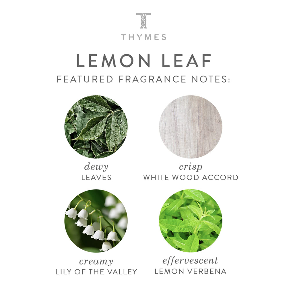 Thymes Lemon Leaf label closeup shows elegant design and notes.