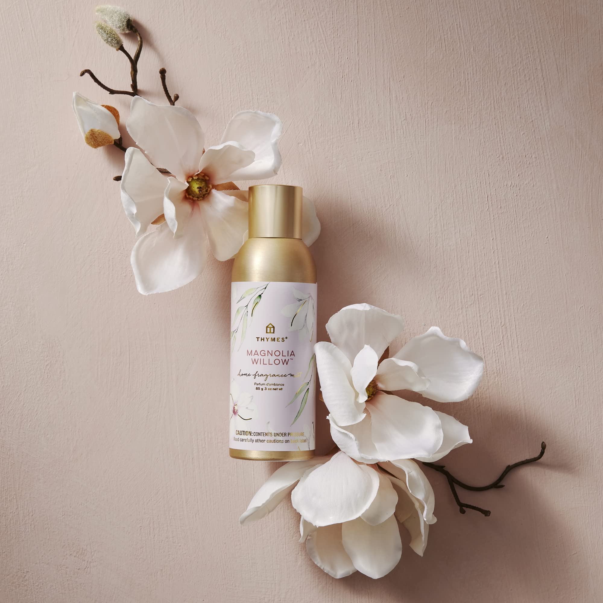 Magnolia Willow label on Thymes fragrance mist signals premium scent.
