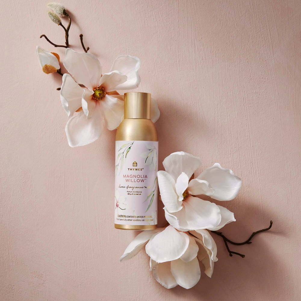 Magnolia Willow label on Thymes fragrance mist signals premium scent.