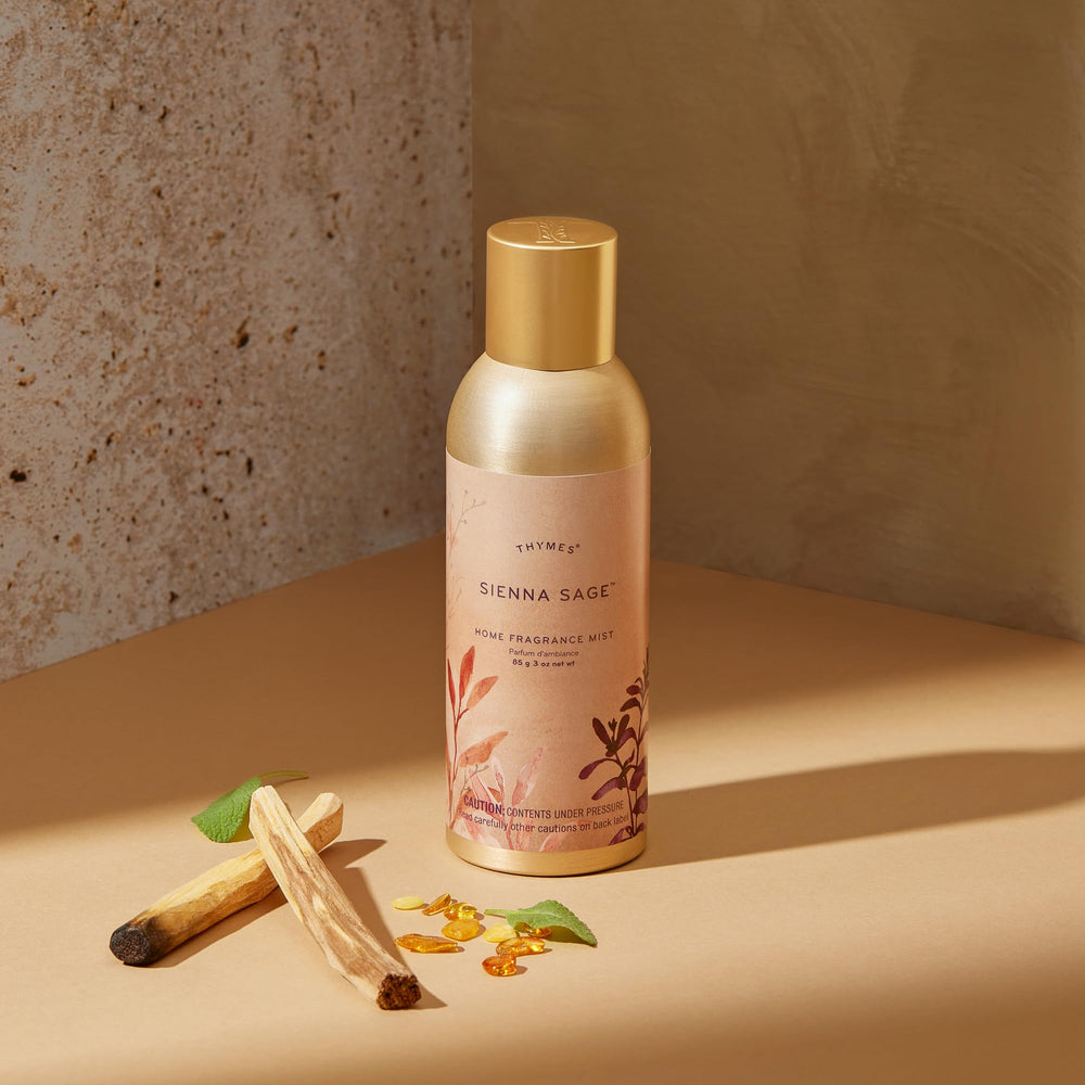 Thymes Sienna Sage spray-application demonstrates quick room refresh when entertaining guests.