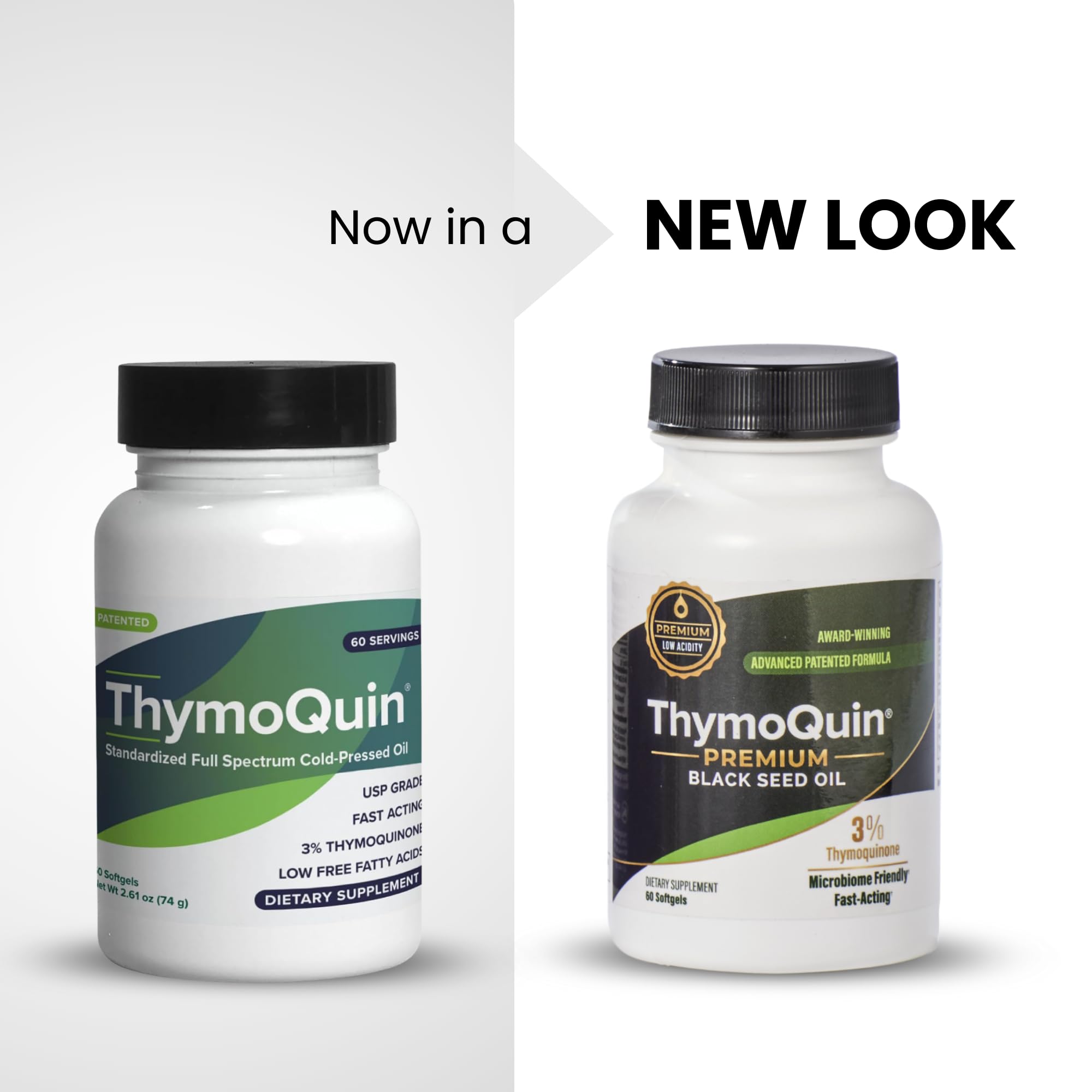 ThymoQuin capsules side view in compact packaging for easy storage.