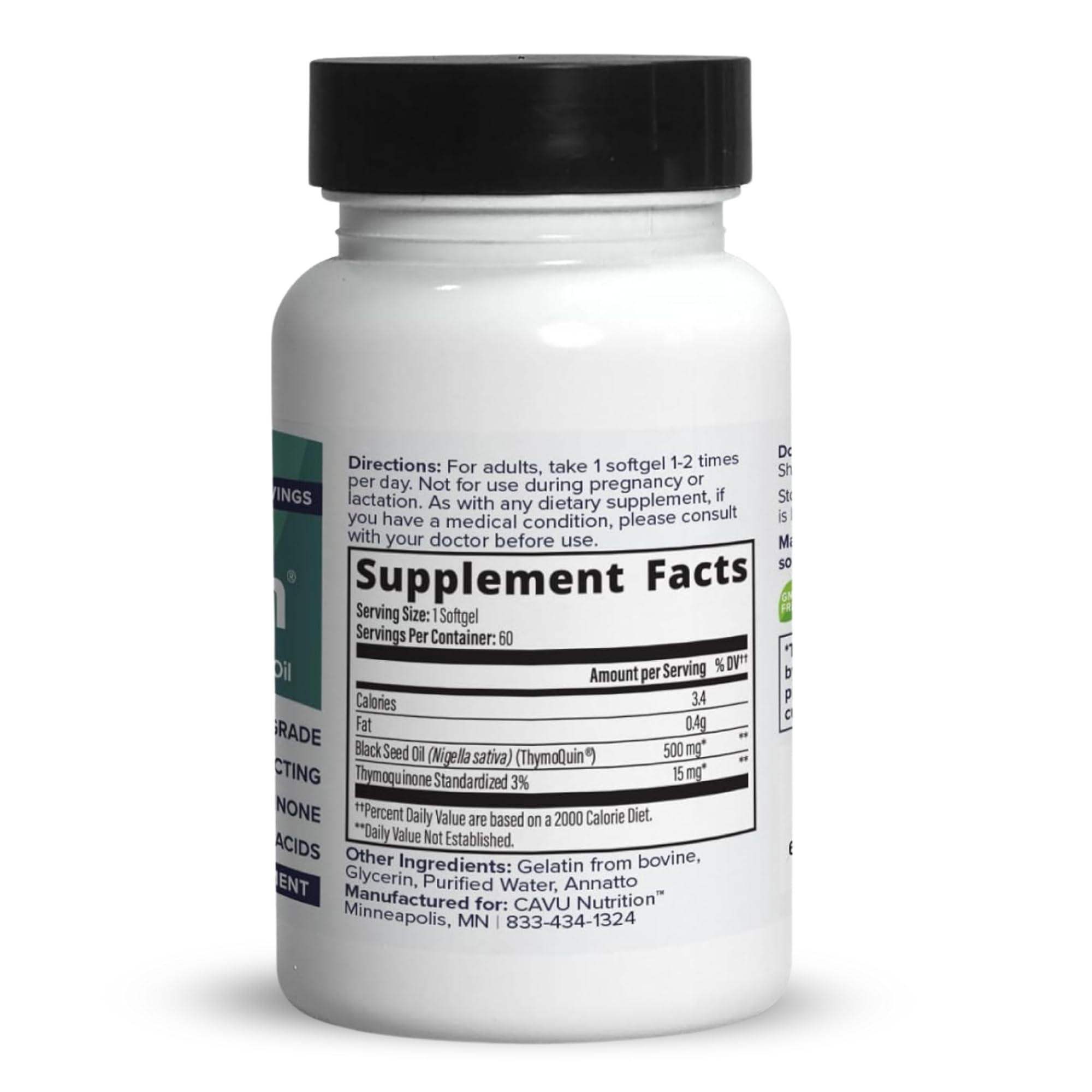 ThymoQuin label detail shows 3% thymoquinone full-spectrum formula.