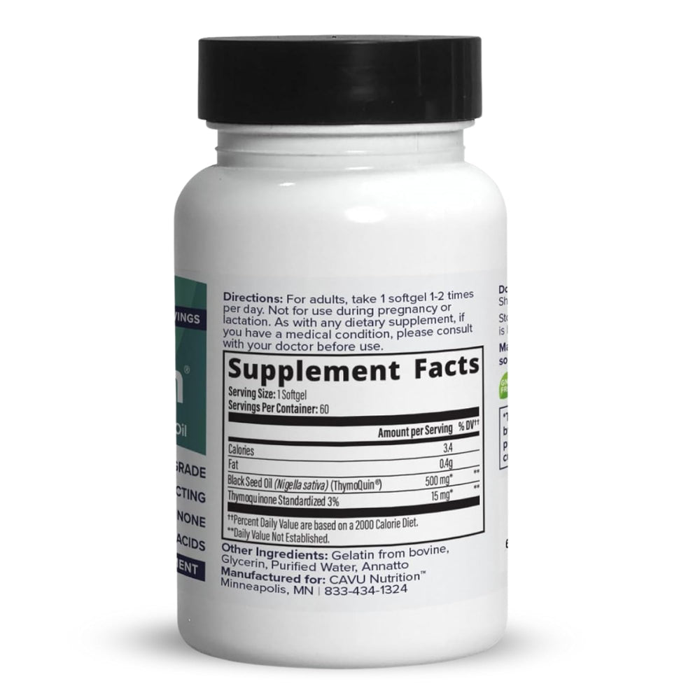 ThymoQuin label detail shows 3% thymoquinone full-spectrum formula.